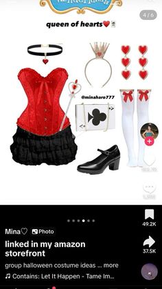 an image of a woman's outfit and accessories on the app store page, with text that reads queen of hearts linked in my amazon storefront