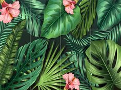 tropical leaves and flowers on a black background with pink flowers in the center, along with dark green foliage