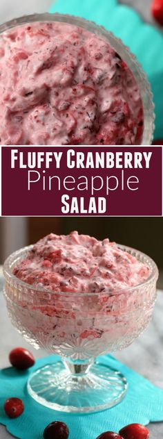 a bowl filled with cranberry pineapple salad on top of a blue napkin