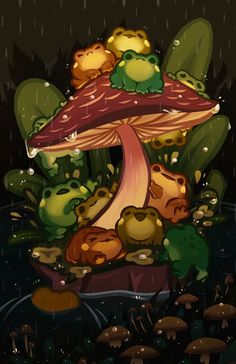 an image of a mushroom in the rain with other mushrooms and plants around it,