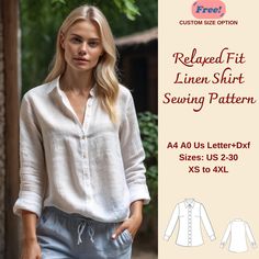 a women's shirt sewing pattern with the front and back buttons down, in white linen