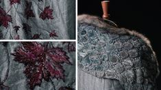 three pictures of the back of a dress with red flowers on it, and an image of