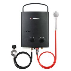 the camppux water heater is connected to a hose