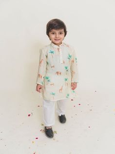 Boys Pale Yellow Printed Muslin Cotton Kurta Pajama Set (Set of 2) By Mr Brat now available at Trendroots Long Sleeve Off White Kurta For Summer, Off White Long Sleeve Cotton Kurta, Off White Long Sleeve Summer Kurta, Summer Long Sleeve Off White Kurta, Off White Cotton Sets For Eid, Eid Off White Cotton Sets, White Long Sleeve Printed Kurta, White Straight Kurta Set Casual Style, White Casual Straight Kurta Set