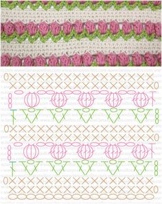 crochet pattern with different colors and stitches on it, including the same stitch