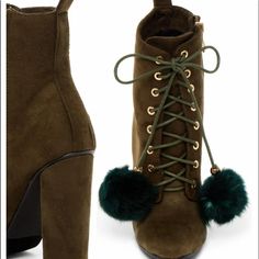 New Catherine Maladrino Fur Pom Pom Ankle Bootie These Barrel Heel Ankle Bootie By Catherine Maladrino Are A Real Stunner! They Are The “Pompie” Fur Pom Pom Ankle Bootie In A Rare Sold Out Olive Green Color. Lace Up Detail With Faux Fur Pompoms. Faux Suede. Side Zipper. Size 6 1/2. These Stunners Were Tried On In Store - As Pictures Show. Absolutely Look Brand New With No Marks On The Bootie Suede At All. Bundle And Save Additional Details: Almond Toe Lace-Up Vamp W/Faux Fur Pompom Detail Faux S Black Sock Boots, Leopard Print Boots, Heel Stretch, Trendy Socks, Green Fur, Ankle Rain Boots, White Studs, Pointed Toe Boots, Boot Print