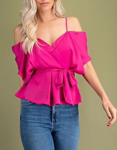 Cold Shoulder Peplum Blouse. Tie at the waistMODEL HEIGHT 5'8" 100% POLYESTER Feminine Peplum Party Top, V-neck Padded Blouse For Brunch, Summer Workwear Peplum Blouse, Chic Peplum Top For Date Night, Chic Summer Workwear Peplum Top, Elegant Summer Peplum Top For Day Out, Pink Off-shoulder Top For Brunch, Spring Chic Peplum Top For Night Out, Chic Peplum Top For Night Out In Spring