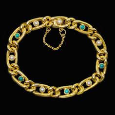 Gorgeous Victorian turquoise & pearl 15ct gold curb link bracelet This bracelet is set alternatively with turquoises and pearls The turquoises area vibrant colour and the pearls a creamy hew with silver lustre Crafted in 15ct gold the stones are collet set within an oval surround with cub link chain between them This beautiful bracelet looks stunning when worn   The stones are approx. 3.5mm The bracelet is 19 cm ( 7 1/2") long. It is 9mm ( 3/8" ) wide Concealed tongue & groove clasp with safety Victorian Bracelet, 15 Aug, Safety Chain, Chain Link Bracelet, Beautiful Bracelet, Link Chain, Arm Band, Link Bracelets, Chain Link