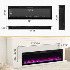 an electric fireplace with the measurements for it and how to use it in this room