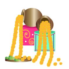 an illustration of yellow beads and a hat on top of a pink box with green shoes