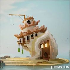 a house made out of legos is shown in the middle of an image that appears to be floating on water