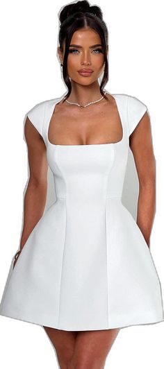 White Fitted Mini Dress With Cap Sleeves, Fitted White Mini Dress With Cap Sleeves, Square Neck Mini Dress With Lined Bodice For Evening, Evening Mini Dress With Lined Square Neck Bodice, Fit And Flare Mini Dress With Square Neck, Elegant Dresses With Boned Bodice And Square Neck, Square Neck Mini Dress With Boned Bodice For Evening, Elegant Midi Dress With Boned Bodice And Square Neck, Cocktail Dress With Boned Bodice And Square Neck