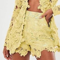 These Delightful Shorts Are Designed To Keep You Looking Fresh And Fashionable While Embracing The Sunny Vibes Of The Season. The Lemon Hue Adds A Pop Of Color That's Perfect For Warm, Sunny Days And Beachside Adventures. The Delicate Lace Detailing Adds A Touch Of Femininity And Texture, Making These Shorts A Standout Piece In Your Collection. High Rise Side Zipper Asymmetric Hem Size: 6 Measurement When Lays Flat: Waist 28", Hips 36", Length 15", Inseam 3", Rise 13" Condition: New With Tags "P Lace Shorts For Spring, Spring Lace Shorts, Short Lace Bottoms For Spring, Fitted Lace Shorts For Summer, Summer High Waist Lace Shorts, High Waist Lace Shorts For Summer, High-waist Lace Bottoms For Spring, High Waist Lace Bottoms For Spring, Fitted Lace Shorts For Spring