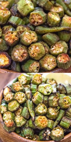 there are two pictures of green beans in the bowl and on the other side is an image of what appears to be brussel sprouts