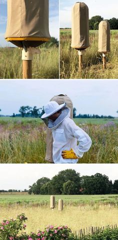 several pictures of people in bee suits and beesuits, one with a protective suit on