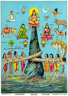 an image of hindu deities and their avatars on a tree stump in the water