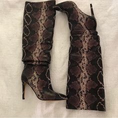 Knee High Snakeskin Boots Purchased For 200$ 4 Inch Heel Nwt Size 8 Black Snake Print Boots For Fall, Fitted Brown Boots For Night Out, Chic Brown Boots For Night Out, Brown Heeled Boots For Night Out In Fall, Tommy Hilfiger Boots, Wide Calf Riding Boots, Snakeskin Boots, Knee High Heels, Faux Suede Boots