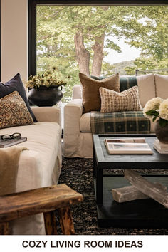 a living room filled with lots of furniture next to a large window and a tree