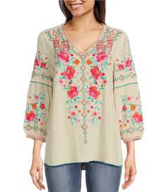 From John Mark&#x2C; this top features:Woven fabricationPeasant silhouetteV-neckline 3/4 cuffed sleeve Floral embroidered Loose fit Semi curved hemline Pullover constructionApprox.27.5" front length; 28.5" back lengthRayon/nylonMachine washImported Floral Embroidered Top, Printed Tunic Tops, Embroidered Tunic, Flutter Sleeve Top, Peasant Tops, Print Tunic, Boho Blouses, Fitted Skirt, Embroidered Top