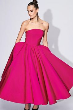 Strapless Fuchsia Tea Length Dress with Pockets Pre-Order 4-6 Weeks Final Sale Made in NYC For inquiries regarding customization email: info@christiansiriano.com Pre Fall 2023, Tea Length Dress, Column Dress, Christian Siriano, 2023 Collection, Tea Length Dresses, Bright Side, Fall 2023, Tea Length