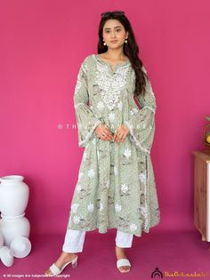 Buy floral chikankari dress online at best price Handmade with Love ❤ Kurti Fabric : Mulmul Cotton Sleeves : Full Sleeves Style : A-Line Kurti Length : 45-46 Inches Occasions : Casual Wear, Office Wear, Festive Wear Garment Care : Hand Wash Only Net Content : 1x Kurti Shop by Category: Chikankari Kurtis: https://www.etsy.com/shop/Chikanlabelbykomal?ref=seller-platform-mcnav§ion_id=41848336 Chikankari Kurta Sets: https://www.etsy.com/shop/Chikanlabelbykomal?ref=seller-platform-mcnav§ion_id=41863651 Chikankari Short Kurtas: https://www.etsy.com/shop/Chikanlabelbykomal?ref=seller-platform-mcnav§ion_id=41848338 Chikankari Sarees: https://www.etsy.com/shop/Chikanlabelbykomal?ref=seller-platform-mcnav§ion_id=41863665 Chikankari Anarkalis: https://www.etsy.com/shop/Chikanlabelbykomal?ref=seller-p Chikankari Embroidered Long Sleeve Anarkali Set, Cambric Anarkali Set With Chikankari Embroidery, Long Sleeve Cambric Anarkali Set With Chikankari Embroidery, Green Cotton Dress With Chikankari Embroidery, Green Cotton Chikankari Embroidered Dress, Eid Mulmul Dresses With Chikankari Embroidery, Mulmul Dress With Chikankari Embroidery For Eid, Eid Dresses With Chikankari Embroidery On Mulmul, Navratri Cotton Dresses With Chikankari Embroidery