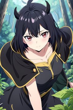 an anime character with horns on her head and black hair, in the middle of a forest