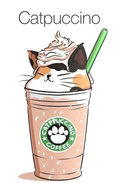 a cat is sitting in a starbucks cup with whipped cream and a green drink straw