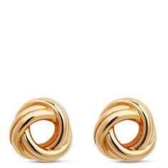 Two lines of polished yellow gold twist into an open love knot in each stud earring. Approximately 6mm wide and 10mm in diameter. Tarnish Resistant Yellow Gold Open Heart Earrings, Gold Open Heart Nickel-free Earrings, Modern Twist Polished Yellow Gold Earrings, Love Knot Earrings Studs, Gold Love Knot Earrings, Knot Earrings, Yellow Gold, Stud Earrings, Gold