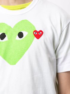 White cotton logo print T-shirt from Comme Des Garçons Play featuring a round neck, short sleeves and a straight hem. | Comme des Garçons PLAY logo print T-shirt Play Logo, Green Hearts, Comme Des Garcons Play, Cotton Logo, Comme Des Garcons, White Green, Logo Print, Graphic Prints, Rib Knit