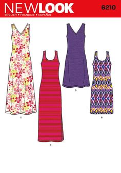 three dresses and one tank top sewing pattern from newlook, which is available in two sizes