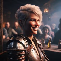 an image of a woman in armor smiling