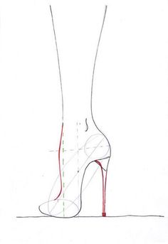 a drawing of a high heeled shoe with lines drawn on the bottom and sides