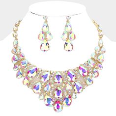 AB Crystal Teardrop Cluster Pageant Necklace on Gold | Statement Necklace Luxury Multi-stone Fine Jewelry Necklaces, Luxury Multi-stone Necklace For Formal Occasions, Luxury Fusion Beaded Bridal Necklace, Luxury Multicolor Bridal Necklace For Celebration, Luxury Multicolor Necklaces For Wedding, Luxury Multicolor Necklace For Wedding, Luxury Multicolor Bridal Necklace With Stone Work, Bling Wedding, Gold Statement Necklace