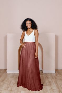 Romantic and flowing with layers of the softest and finest bobbinet tulle around, Skylar is a dreamy separates option, pair with our Heidi Chiffon top for the perfect match! Bridesmaid Rust, Sage Skirt, Tulle Skirt Bridesmaid, Tulle Skirts Outfit, Skirts And Tops, Wedding Parties Colors, Rehearsal Dinner Dresses, Crepe Top, Bridesmaid Dress Colors