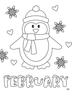 a penguin wearing a hat and scarf with the word february written in large letters, surrounded by snowflakes