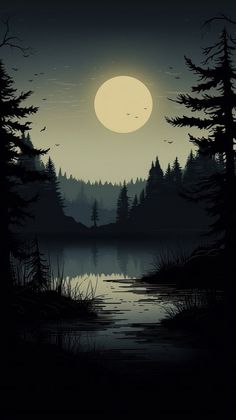 an image of a night scene with the moon in the sky and trees on the water