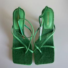 Brand New Green Square Toe Heels For Spring, Green Heels With Wrapped Heel For Spring, Spring Green Square Toe Heels, Spring Green Wedge Heels, Green Sandals With 4-inch Heel And Round Toe, Green Open Toe Sandals With 4-inch Heel, Green Synthetic Sandals With 4-inch Heel, Miss Lola, Shoes Green