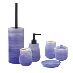 a bathroom set with soap dispenser, toothbrush holder and other items