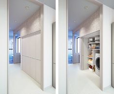 two pictures of the inside of a house, one showing laundry room and another showing kitchen