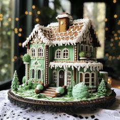 a green and white gingerbread house is on a doily with lights in the background