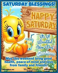 a happy saturday card with a cartoon bird holding a drink and sitting on a wooden sign