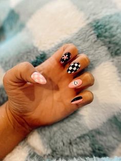 Pink and black nails ; nail inspo ; checker Checkered Nail Designs Square, Pink White Checkered Nails, Neon And Checkered Nails, How To Paint Checkered Nails, Race Nails Designs Checkered Flag, Pastel Checkered Nails, Checkered Christmas Nails, Punk Nails Short, Checkered Nail Ideas