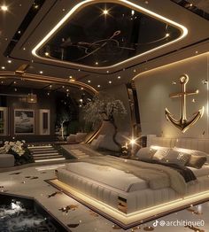 a large bed sitting in the middle of a bedroom next to a swimming pool with an anchor on it