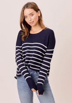 Crew Neck Striped Sweater | Lovestitch Sweaters Chic Striped Crew Neck Sweater, Knit Long Sleeve Tops With Striped Hem, Casual Knit Tops With Striped Sleeves, Knit Sweater With Horizontal Stripes For Layering, Knit Sweater With Contrast Stripes, Striped Sweater For Everyday In Fall, Winter Knit Tops With Striped Hem, Winter Knit Top With Striped Hem, Knit Tops With Striped Hem For Winter