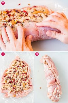 process photos showing how to make an appetizing dish with meat and nuts on it