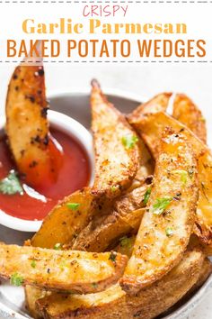 garlic parmesan baked potato wedges in a bowl with ketchup on the side