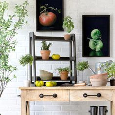 an old table with potted plants and fruit on it in front of two framed pictures