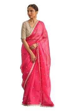 Pink sheer woven textured saree with marori and kalabattu embroidered butti patterns and scalloped border. Comes with embroidered blouse. - Aza Fashions Diwali Slub Silk Saree With Cutdana, Navratri Slub Silk Traditional Wear With Pallu, Slub Silk Traditional Wear With Pallu For Navratri, Navratri Traditional Wear With Pallu In Slub Silk, Slub Silk Traditional Wear For Puja, Slub Silk Pre-draped Saree With Cutdana For Diwali, Slub Silk Cutdana Pre-draped Saree For Diwali, Festive Pre-draped Saree With Dupatta In Slub Silk, Festive Slub Silk Pre-draped Saree With Dupatta