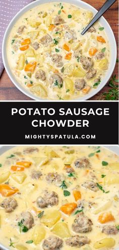 two pictures showing different types of sausage chowder with text that reads potato sausage chowder