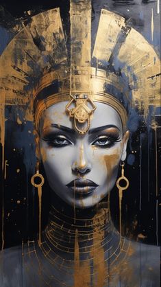 a painting of a woman's face in gold and black with an egyptian headdress